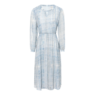 JESSIE2026年秋季新款段染印花气质收腰连衣裙女装长袖圆领A字裙