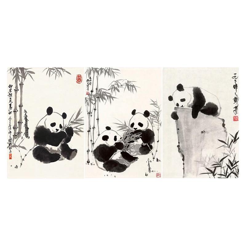 吴作人熊猫3副合水墨熊猫吃竹绘画装饰挂画微喷打印 高清国画