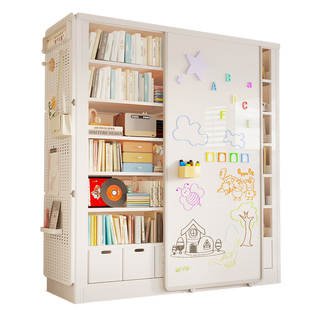 家用钢制书架带白板门儿童绘本收纳架一体靠墙落地置物架宝宝书柜