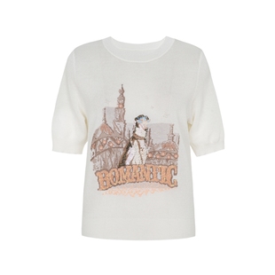 XG雪歌浅米创意图案设计毛针织衫时尚秋季新款刺绣亮片短袖上衣女