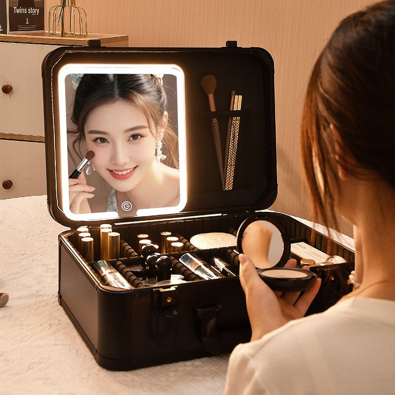 2025年新款15寸化妆箱手提多功能大容量专业带灯带镜子便携收纳盒