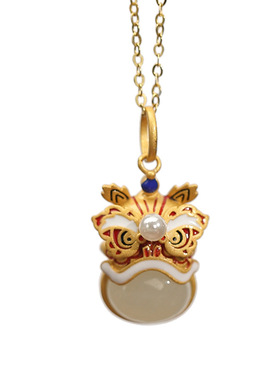 山予棠S925纯银镀金天然和田白玉个性舞狮吊坠设计感本命生肖礼物