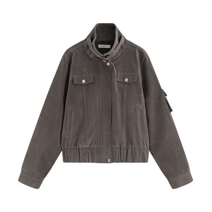 万有引力博物馆 美式复古麂皮夹克短款立领外套女春秋款正肩上衣