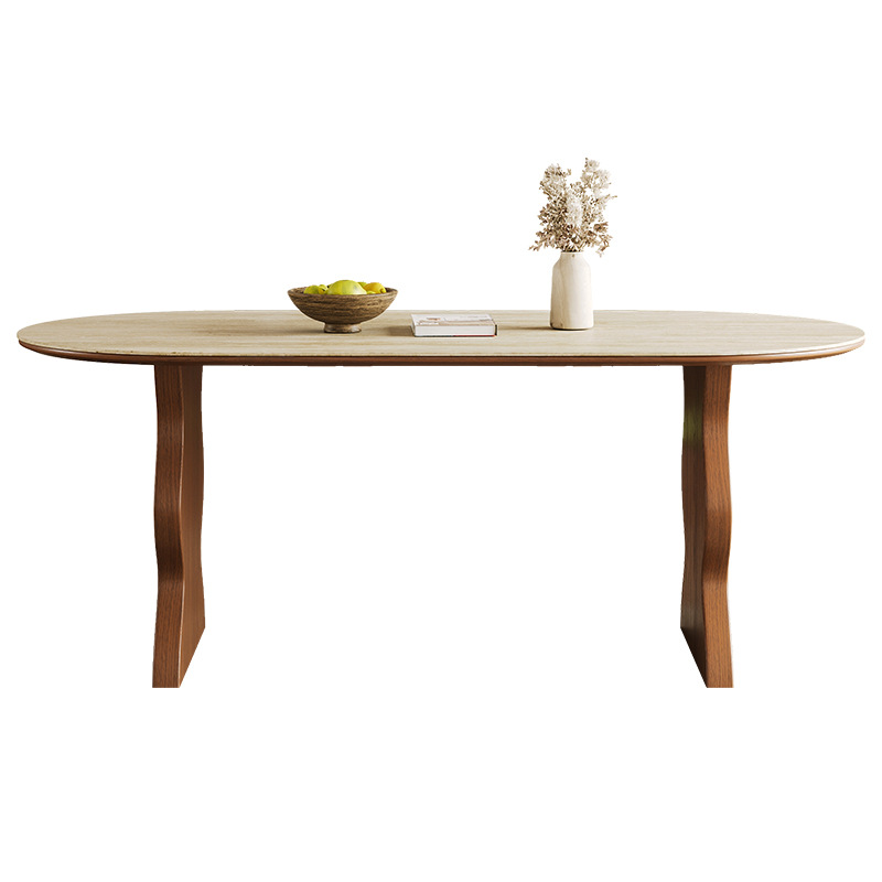 中古风餐桌实木法式长方形椭圆洞石岩板高级感家用白蜡木餐桌椅