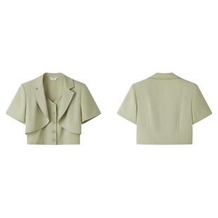 PIT复古纯色两件套西装短外套女2025夏职业通勤修身显瘦薄款上衣
