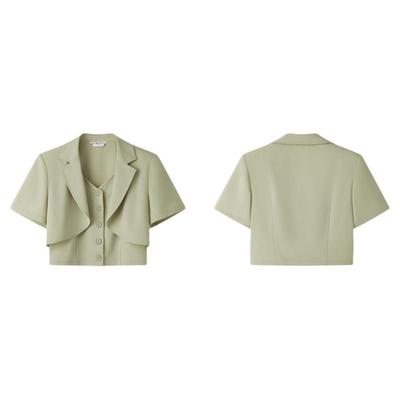 PIT复古纯色两件套西装短外套女2025夏职业通勤修身显瘦薄款上衣