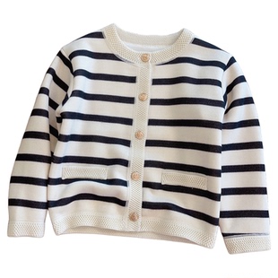 韩系女童针织开衫加绒加厚春秋季新款韩版儿童洋气条纹毛衣外套