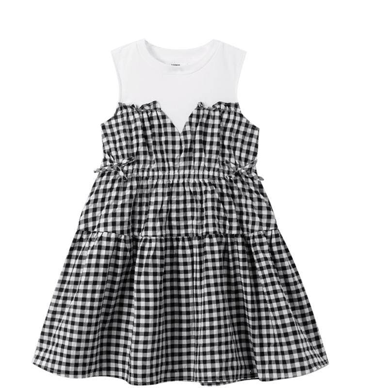安奈儿童装女童无袖连衣裙2023夏新款时髦千鸟格女孩拼接A字裙子