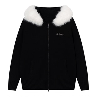 AFGK25FW慵懒风连帽毛领针织衫女春秋休闲百搭毛衣开衫宽松外套