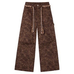 PSO Brand女装美式复古直筒高腰豹纹裤子宽松休闲阔腿长裤潮牌女