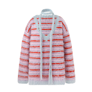 BJHG不计后果 撞色条纹V领毛衣女秋冬保暖软糯毛茸茸针织套头外套