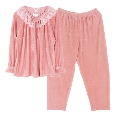 伊丝芬31241纯色丝绒睡衣睡裙女秋冬蕾丝花边微弹舒适家居服套装