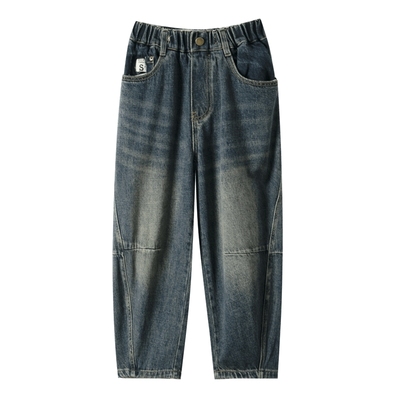 男童秋冬复古阔腿加绒宽松牛仔裤