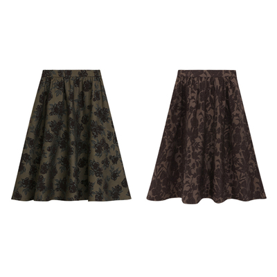 MANNALA丨“棕花枝”优雅大摆型羊毛提花松紧腰A字半身裙 Q9330