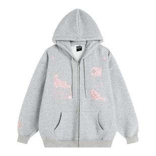 INSstudios 国潮美式「毛绒小猫刺绣连帽卫衣」宽松加绒拉链外套