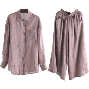 兮风原创禅意褶皱苎麻套装女5春夏长袖衬衫+阔腿裤中长复古两件套