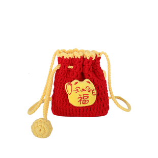 2026新款可爱抽绳福袋斜挎包儿童秋冬国潮醒狮红色针织编织小包包