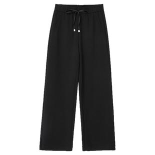 布景休闲裤女春季新款简约系带松紧腰宽松直筒黑色裤子阔腿裤6131