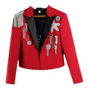 权志龙同款酒红色款宴会聚会CE/SLP风格重工刺绣水钻红色休闲西装