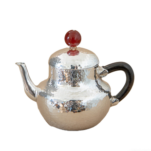 纯银时代 小思亭红玛瑙摘泡茶壶纯银999手工锤纹简约小巧银壶60ml