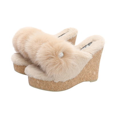 冬季新款坡跟小个子棉拖鞋女