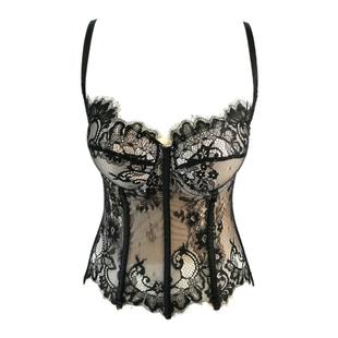 黑睫毛色蕾丝性感透视吊带胸衣背心外穿带胸垫鱼骨钢圈辣妹欧美风