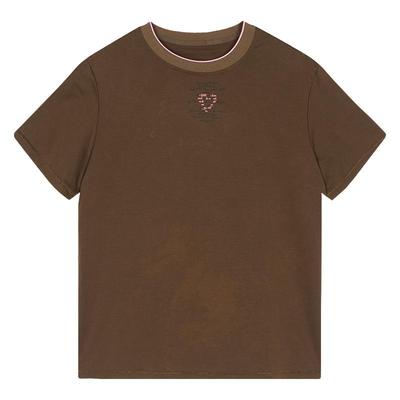 谜底古铜色T恤短袖女2025春季可露丽风圆领刺绣宽松上衣251MT0005