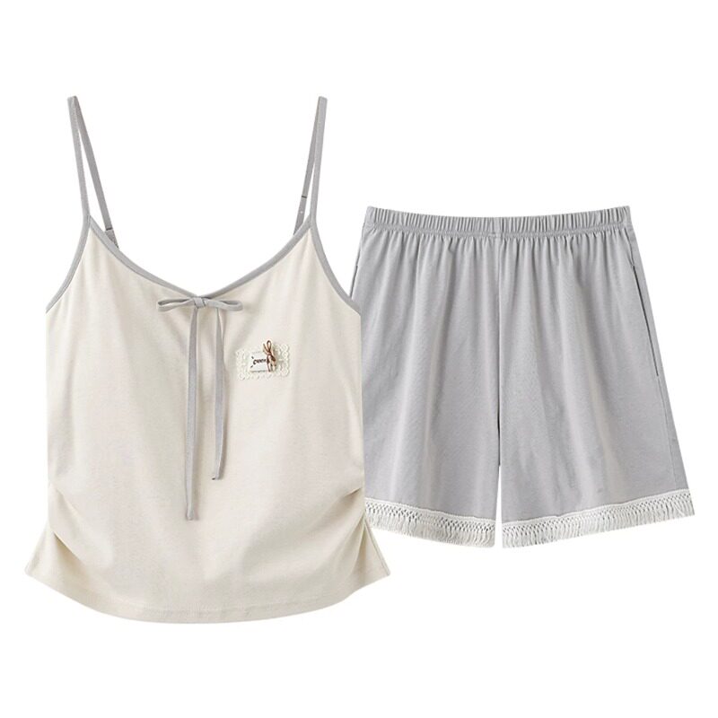 HEARMES 睡衣女夏季纯棉吊带凉感大码带胸垫灰色套装全棉家居服