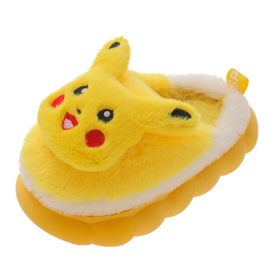 儿童棉拖鞋冬季男女中大童可爱皮卡丘毛毛鞋宝宝加绒加厚防滑棉鞋