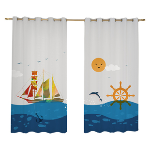 2025年新款卡通地中海海洋船帆灯塔航行儿童房男孩卧室遮光短窗帘