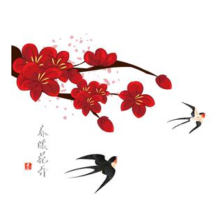 春天梅花藤装饰女装店服装商场店铺橱窗花玻璃门超大静电贴纸燕子