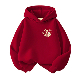 巴布豆男童加绒卫衣男孩红色连帽衫冬季2026新款酷帅马年新年衣服