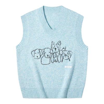 PSO Brand男装女装糯米绒纱线涂鸦小狗刺绣毛衣马甲背心叠穿秋潮