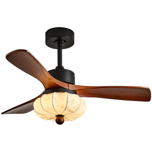 宋代美学风扇灯中古胡桃木布艺蚕丝客厅餐厅吊扇灯卧室房间书房灯