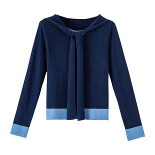 晚白2026年春新款含羊毛上衣圆领简约撞色假两件套头针织衫女