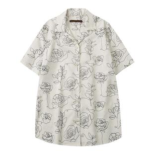 CycleDocument 亚麻线条感印花古微落肩直筒古巴领短袖衬衫女