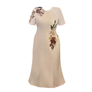 GLEC大码女装胖mm夏季新款法式复古重工刺绣旗袍式气质提花连衣裙