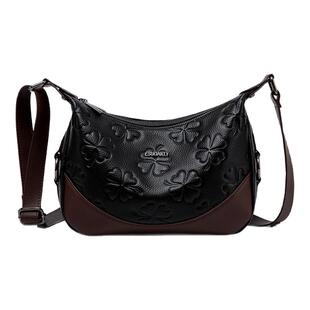 真皮斜挎包女式2025新款四叶草压花中年妈妈包头层牛皮多层单肩包