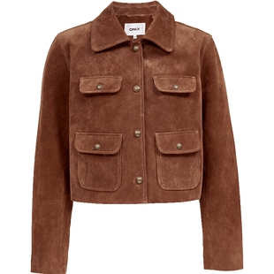 ONLY2025冬季新款层次感装饰盖袋纯色直筒正肩短款皮衣外套女