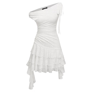 CIDER 夏季女装蕾丝不对称荡领系带褶皱连衣裙114503904