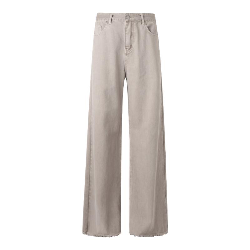 ourhour 毛边做旧 水洗沙色高腰阔腿牛仔裤 女秋设计感加长拖地裤