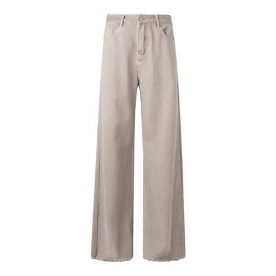 ourhour 毛边做旧 水洗沙色高腰阔腿牛仔裤 女秋设计感加长拖地裤