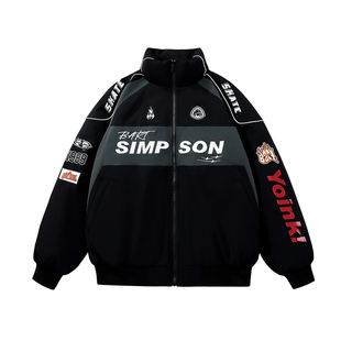 辛普森一家赛车夹克羽绒服男东北零下冬季保暖立领情侣机车外套女