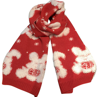 立体毛绒绣小白兔新年红色针织围巾女秋冬季百搭保暖圣诞毛线围脖