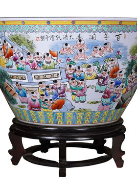 景德镇手绘粉彩鱼缸陶瓷大号睡莲荷花盆客厅书画缸仿古风水缸摆件