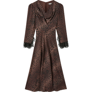LK BENNETT袖口蕾丝豹纹连衣裙2025年秋新款V型堆领收腰中长款裙