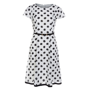 名师路夏季新款白底黑点雪纺印花圆领短袖连衣裙