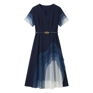 湖光水色水墨画不规则设计拼接优雅连衣裙子垂感大码夏季大码女装