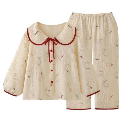 『糖果小兔』甜美娃娃领纯棉纱布睡衣女春秋可外穿新款家居服套装