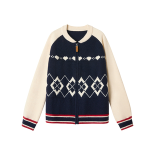 【月下回声】Uena美式复古学院风藏青色菱形格纹插肩袖毛针织开衫